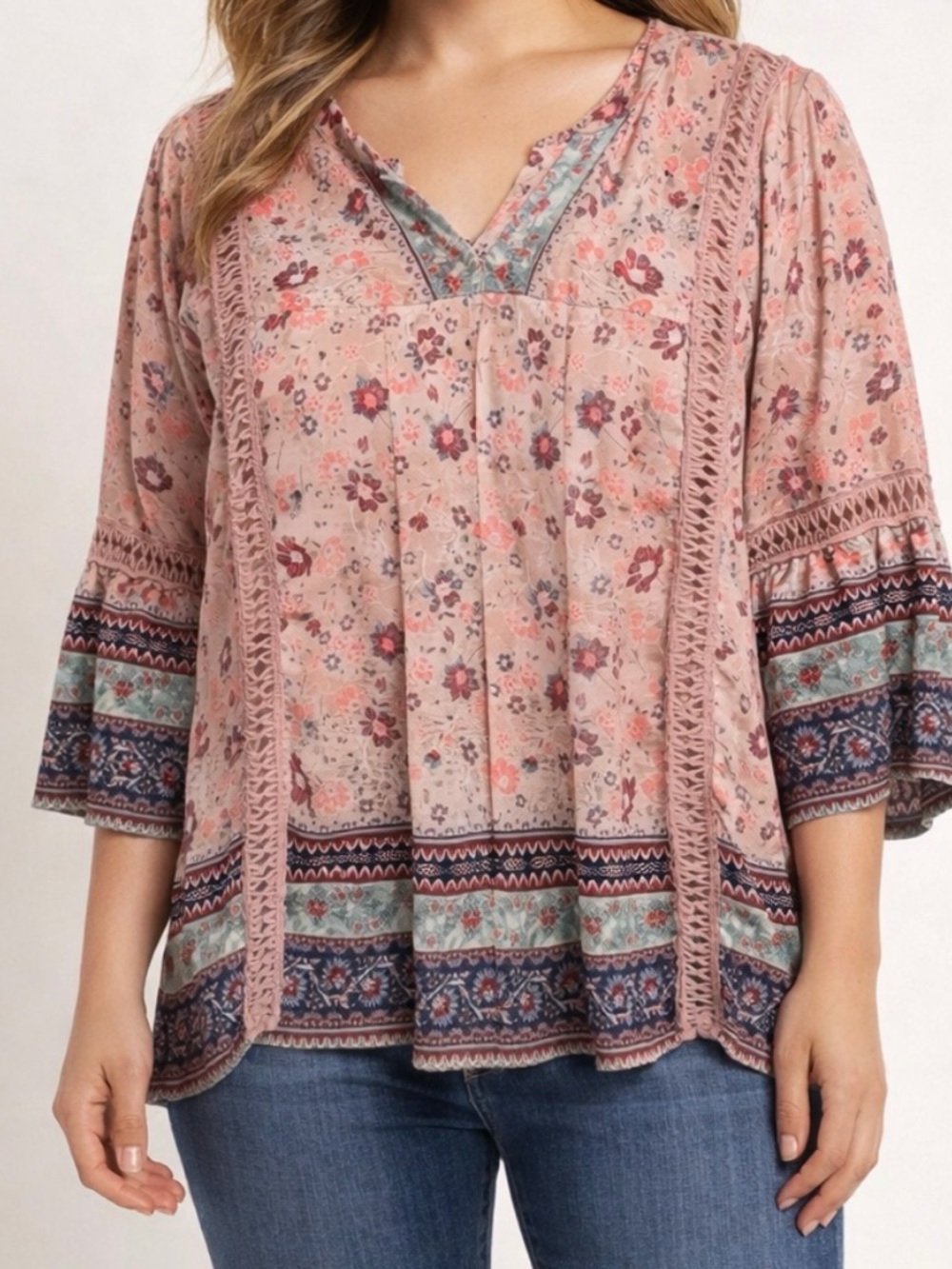 Knox Rose Mixed-Print Boho Blouse